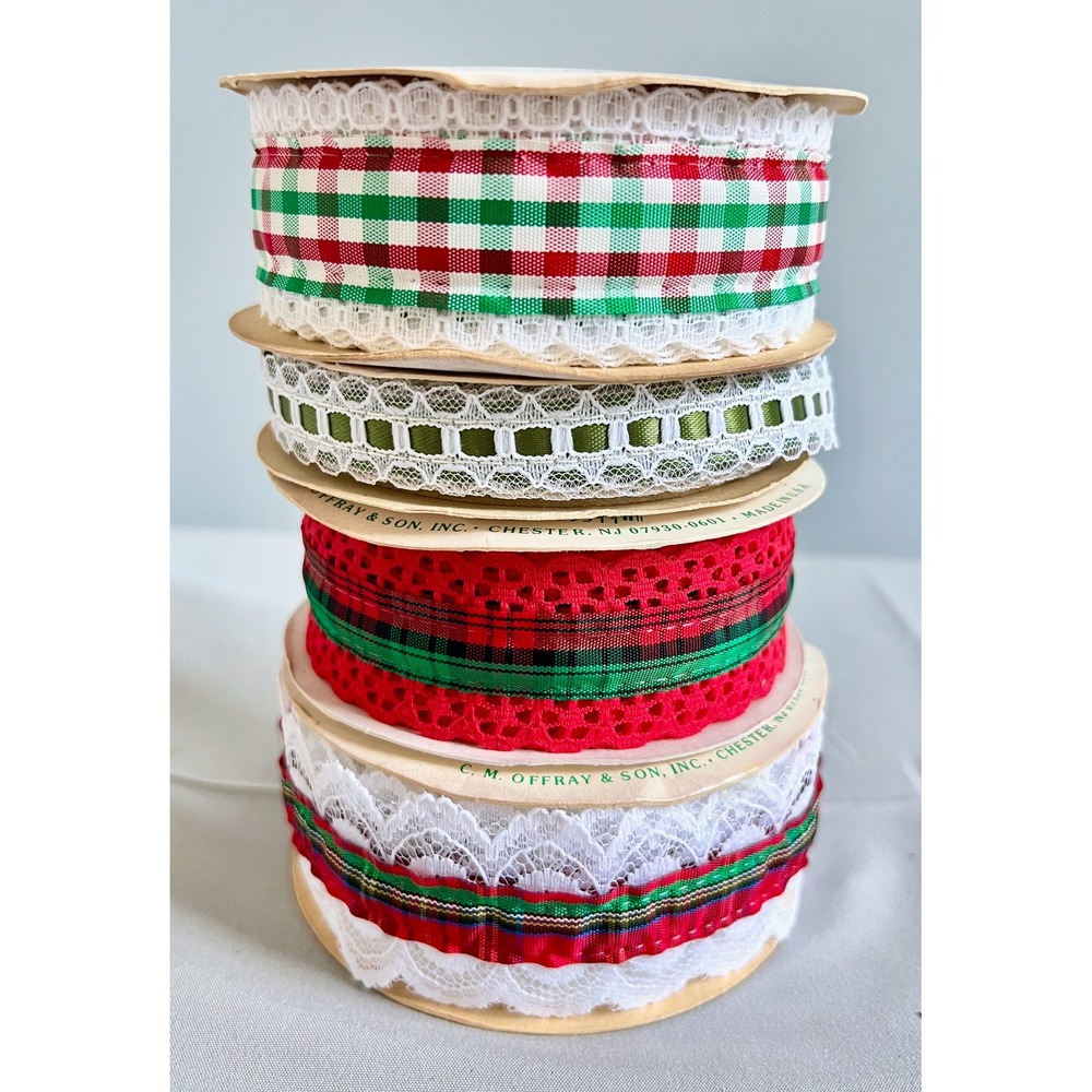 VTG Offray Holiday Ribbons 4 Rolls Red Green Lace Plaid Gingham 12ft New & Open